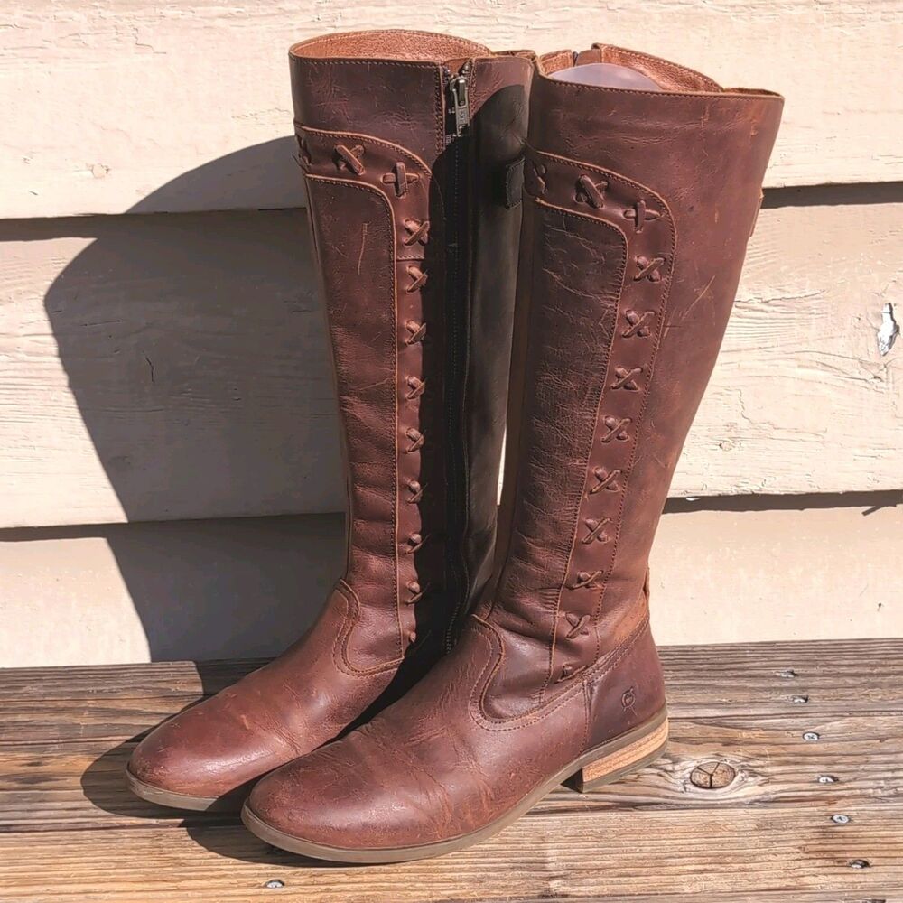 Born Albi Women's 8.5 Tall Knee High Riding Boots Brown Leather Zip Block Heel